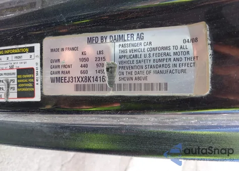 2008 Smart Fortwo Passion/Pure from USA, damaged, VIN WMEEJ31XX8K141630